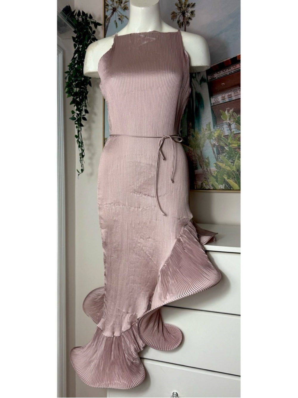Pink Satin Asymmetric Ruffle Hem Dress XL Slip Midi Party Wedding Guest